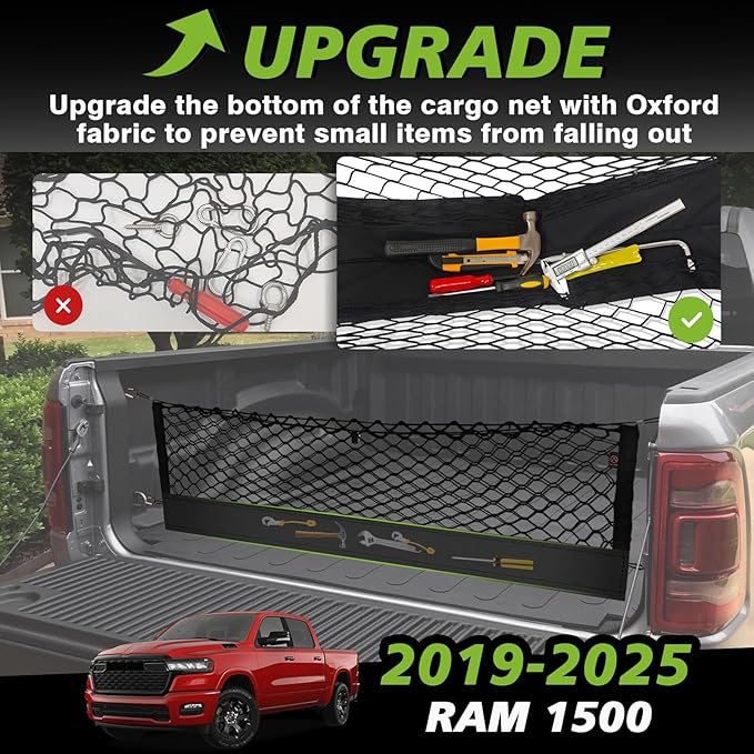 Muslogy Truck Bed Cargo Net Compatible with Dodge Ram 1500 2019-2025 Accessories Storage Organizer Pickup Truck Bed Envelope Style Cargo Net with Heavy Duty Carabiners 10