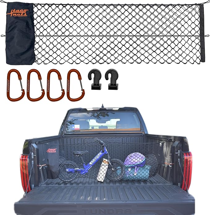 Envelope Cargo Net for Toyota Tundra - Fits 2007-2025 - Patented Bed Rail Integration - Upgraded 5mm Bungee - Integrated Storage Bag - Heavy Duty Carabiners - Designed in USA