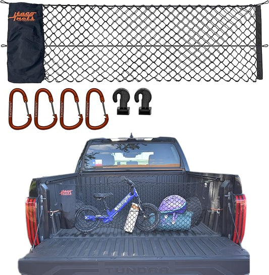 Envelope Cargo Net for Toyota Tundra - Fits 2007-2025 - Patented Bed Rail Integration - Upgraded 5mm Bungee - Integrated Storage Bag - Heavy Duty Carabiners - Designed in USA