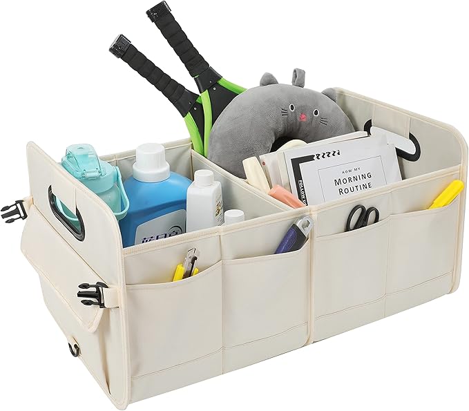 Car Trunk Organizer Car Storage Organizer Collapsible Multi Compartment Car Organizer Adjustable Straps for SUV(Beige)