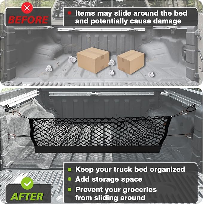 Muslogy Truck Bed Cargo Net Compatible with Nissan Frontier 2022-2025 2026 Accessories Storage Organizer Pickup Truck Bed Envelope Style Cargo Net with Heavy Duty Carabiners 12