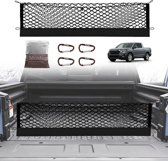 Muslogy Truck Bed Cargo Net Compatible with Honda Ridgeline 2017-2024 2025 Accessories Storage Organizer Pickup Truck Bed Envelope Style Cargo Net with Heavy Duty Carabiners