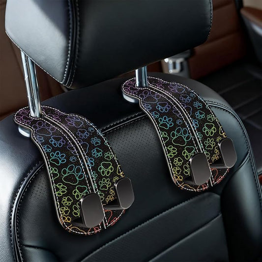 Blusabaca 2PCS Car Seat Back Storage Headrest Hooks, Dog Paw Purse Holder Bags Hanger, PU Leather Double Metal Hook for Backseat Organizer, Women Car Accessories Organization