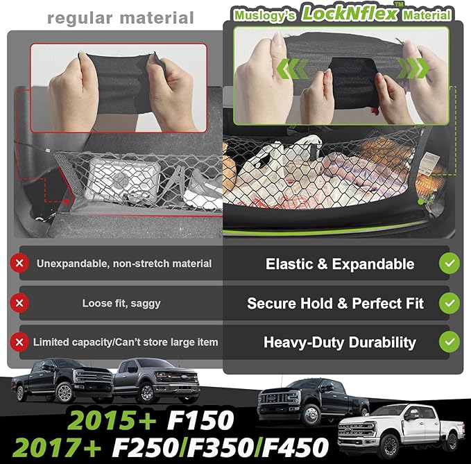 Muslogy Truck Bed Cargo Net Compatible with 2015+ Ford F150 & 2017+ F250/F350/F450 Accessories Storage Organizer Envelope Net with Mounting Snap-in Anchors Patent Pending (Not for Spray-in Liner Beds)