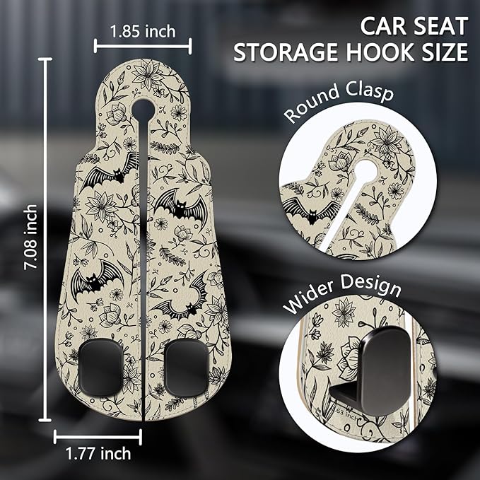 Blusabaca 2PCS Car Hooks for Purses and Bags, Goth Gothic Seat Back Storage Headrest Holder Hanger PU Leather Double Metal Hook for Backseat Organizer, Women Car Accessories Organization
