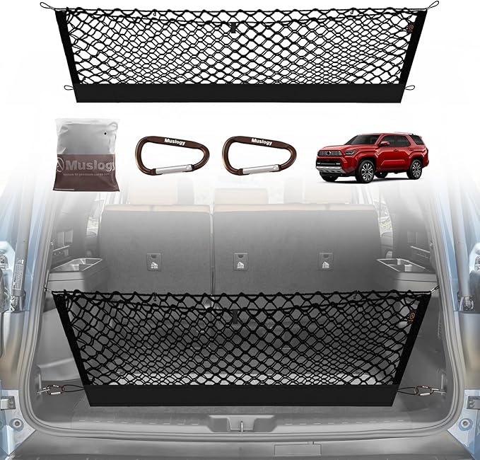 Muslogy Envelope Style Trunk Cargo Net Compatible with 2025 Toyota 4Runner Accessories Custom Fit Trunk Organizer Upgraded Mesh Storage Luggage Net with Metal Hooks