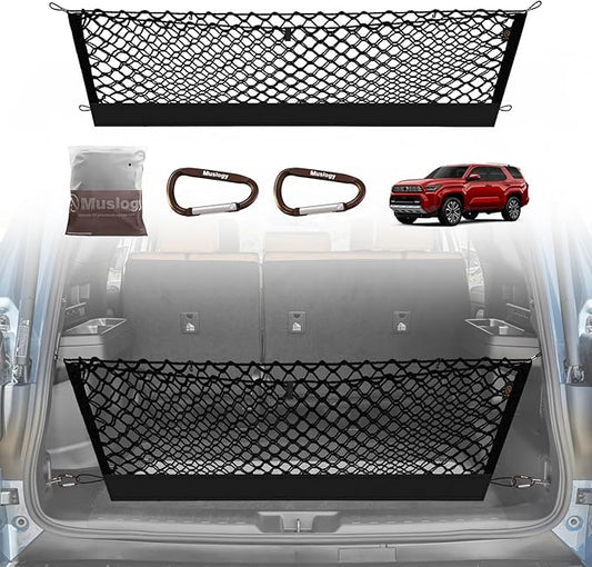 Muslogy Envelope Style Trunk Cargo Net Compatible with 2025 Toyota 4Runner Accessories Custom Fit Trunk Organizer Upgraded Mesh Storage Luggage Net with Metal Hooks