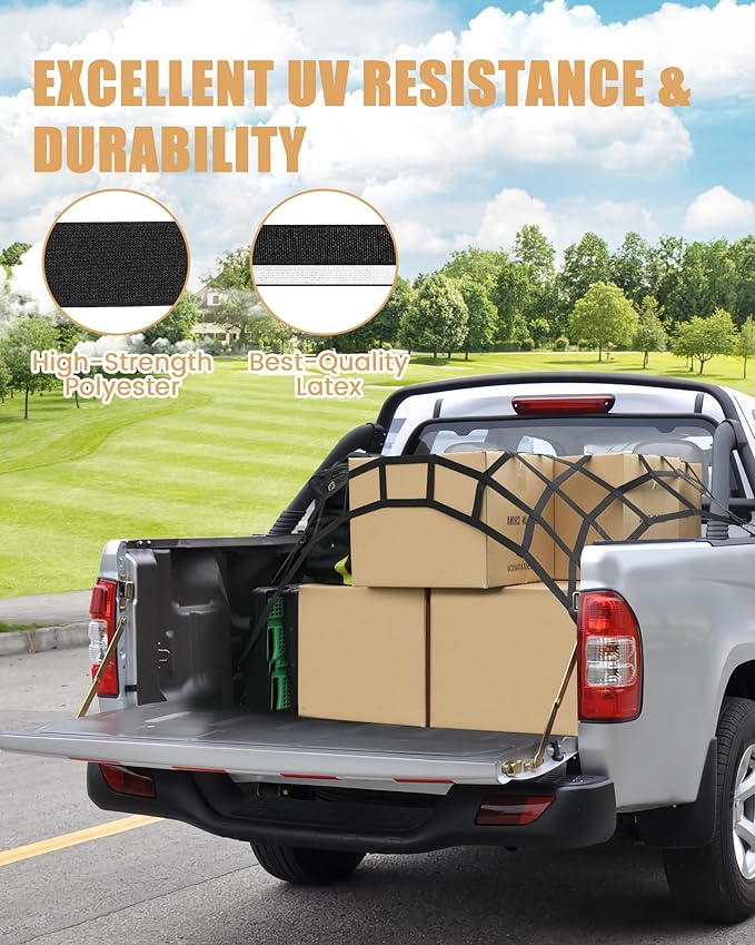 The First Flat Bungee Cargo Net for Pickup Truck Bed, 4' x 4' Stretches to 10' x 10', 25 MM Heavy Duty Cargo Net with 2 Using Modes, for Dodge RAM, Ford, Chevy, Toyota, etc