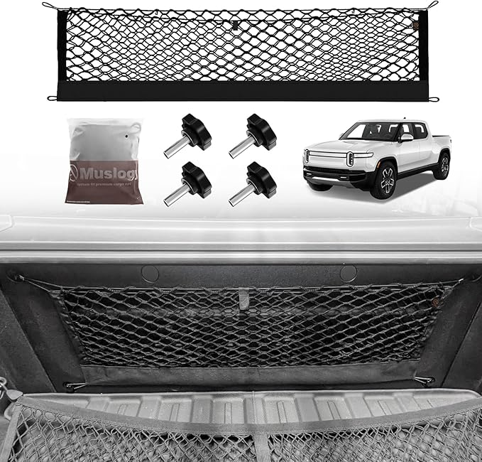 Muslogy Truck Bed Cargo Net Compatible with Rivian R1T 2022-2024 2025 Accessories Storage Organizer Pickup Front Truck Bed Envelope Style Cargo Net