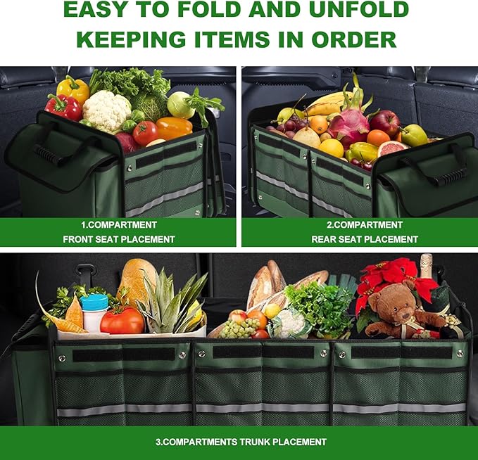 Car Trunk Organizer,115L Heavy Duty Collapsible Trunk Storage, with Insulated Leakproof Cooler Bag Vehicle Cargo Organizer with Lid, 3 Compartments, Straps For Car,Suv,Jeep,Sedan-Green