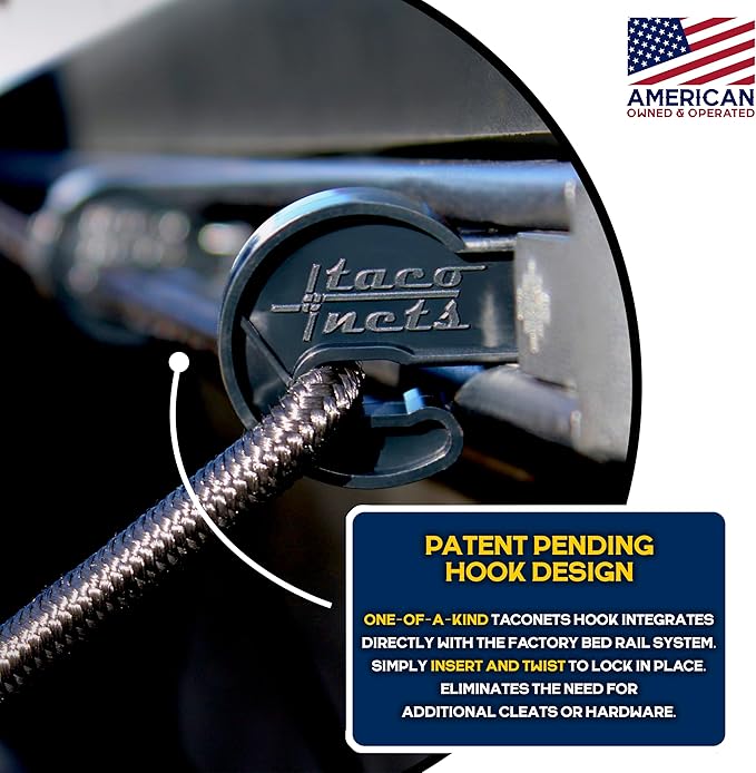 Envelope Cargo Net for Toyota Tacoma - Fits 2005-2025 - Patented Bed Rail Integration - Upgraded 5mm Bungee - Integrated Storage Bag - Heavy Duty Carabiners - Designed in USA