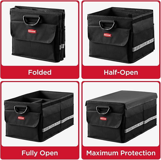 Rubbermaid Car Organizer, Collapsible Trunk Organizer, Multi-Compartment Car Storage Organization for Car Accessories, 3 Compartments With Cover, 23.23"*12.99"*11.81"
