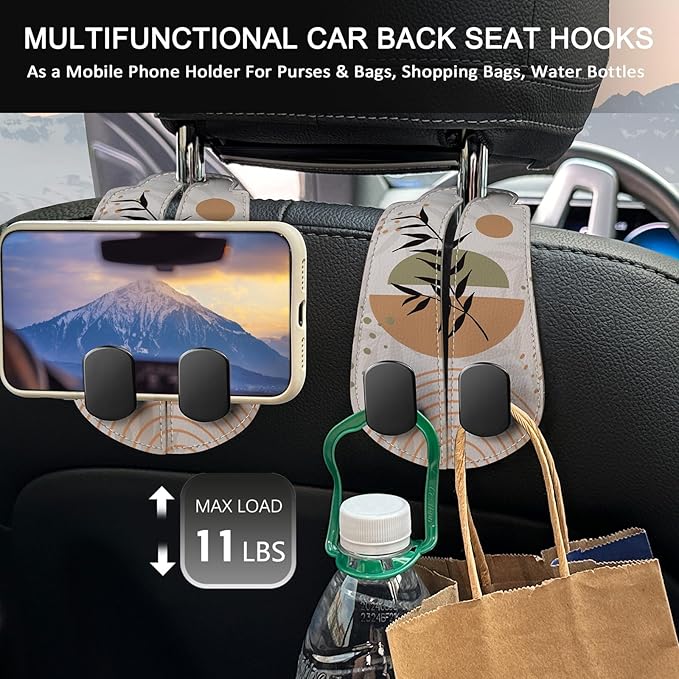 Blusabaca 2PCS Car Seat Back Storage Headrest Hooks, Abstract Boho Leaves Purse Holder Bags Hanger, PU Leather Double Metal Hook Backseat Organizer, Women Car Accessories Organization