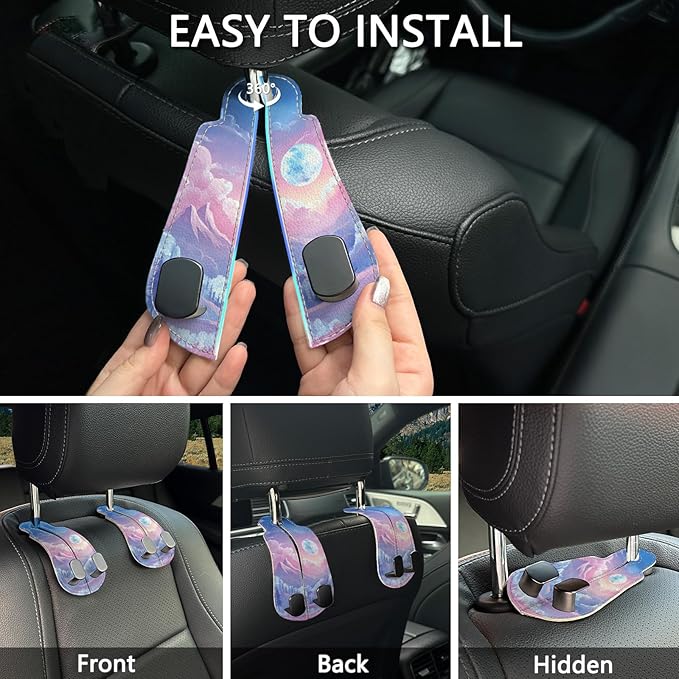 Blusabaca 2PCS Car Hooks for Purses Bags, Cute Midnight Moon Sky Clouds Seat Back Storage Headrest Holder Hanger PU Leather Double Metal Hook Backseat Organizer, Women Car Accessories Organization