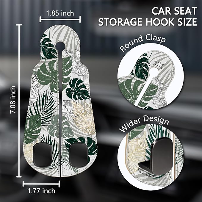 Blusabaca 2PCS Car Seat Back Storage Headrest Hooks, Tropical Leaf Purse Holder Bags Hanger, PU Leather Double Metal Hook for Backseat Organizer, Women Car Accessories Organization