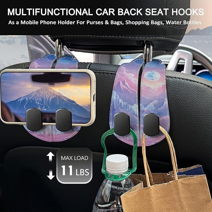Blusabaca 2PCS Car Hooks for Purses Bags, Cute Midnight Moon Sky Clouds Seat Back Storage Headrest Holder Hanger PU Leather Double Metal Hook Backseat Organizer, Women Car Accessories Organization
