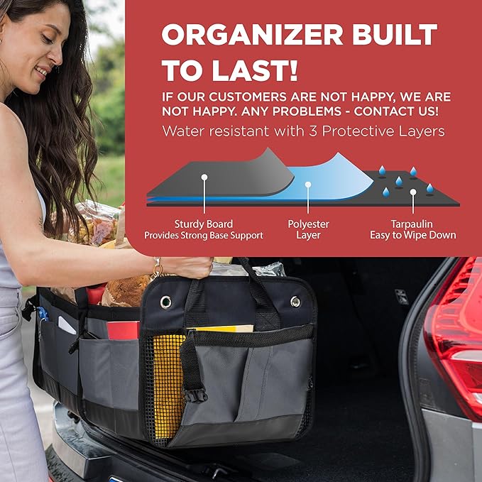 TRUNKCRATEPRO Trunk Organizer For Car, Suv, Truck | Premium Adjustable Multi Compartments Collapsible Car Trunk Organizer With Securing Straps & Non-Slip Bottom (Large Size, Grey)