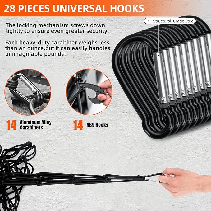 5’ x 7'Cargo Net for Pickup Truck Bed Stretches to 10' x 14' Heavy-Duty, Mesh Square Latex Bungee Netting with 14 Metal Carabiners + 14 Hooks- Compatible with Ford, Dodge RAM, Chevy, Toyota