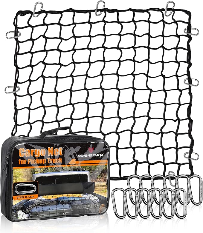 Seven Sparta 4’ x 4’ Large Cargo Net for Pickup Truck Bed Stretches to 7' x 7' for Truck Bed, Trailer, Trunk, SUV with 12 Bonus D Clip Carabiners Cargo Net for Large Loads (Black, 4'x4')