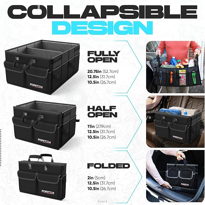 FORTEM Trunk Organizer For SUV Car Trunk Organizer, Foldable Storage, Car Accessories for Women Men, Collapsible Bag, Perfect Christmas Gifts, 600D Oxford, Non Slip Bottom, Straps, Soft Cover (45L)