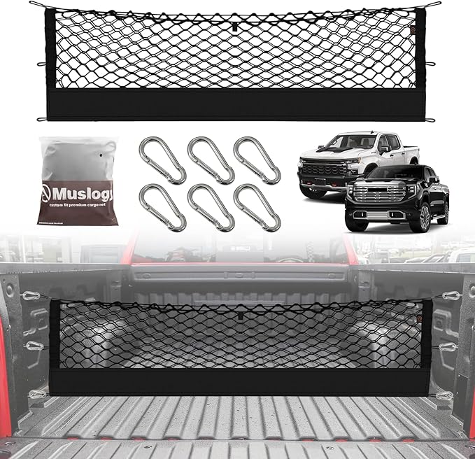 Muslogy Truck Bed Cargo Net Compatible with 2013-2025 Chevy Silverado & GMC Sierra 1500/2500HD/3500HD Accessories Storage Organizer Pickup Truck Bed Envelope Style Cargo Net with Heavy Duty Carabiners