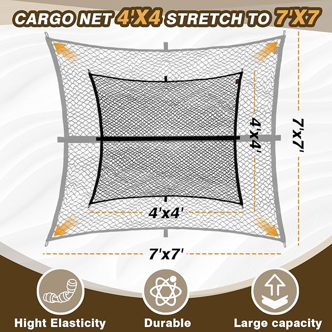 Muslogy Truck Bed Cargo Net Compatible with Pickup Truck Bed Organizer Stretchable 4'x4' to 7'x7' High Elastic Heavy Duty Upgraded Reinforced Storage Net with 10 Metal Carabiners (Single Layer)