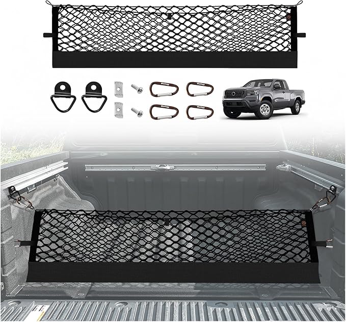 Muslogy Truck Bed Cargo Net Compatible with Nissan Frontier 2022-2024 2025 Accessories Storage Organizer Pickup Truck Bed Envelope Style Cargo Net with Heavy Duty Carabiners (Extra Support Frame)