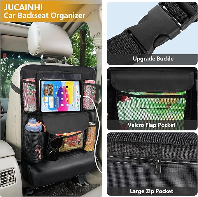 Car Seat Organizer with 13 in Tablet Holder, Waterproof Back Seat Protector, Kick Mats with 9 Storage Pockets, Interior and Travel Essentials, 2 Pack