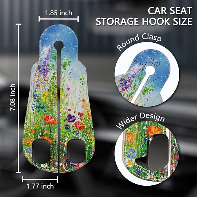 Blusabaca 2PCS Car Seat Back Storage Headrest Hooks, Floral Spring Purse Holder Bags Hanger, PU Leather Double Metal Hook for Backseat Organizer, Women Car Accessories Organization