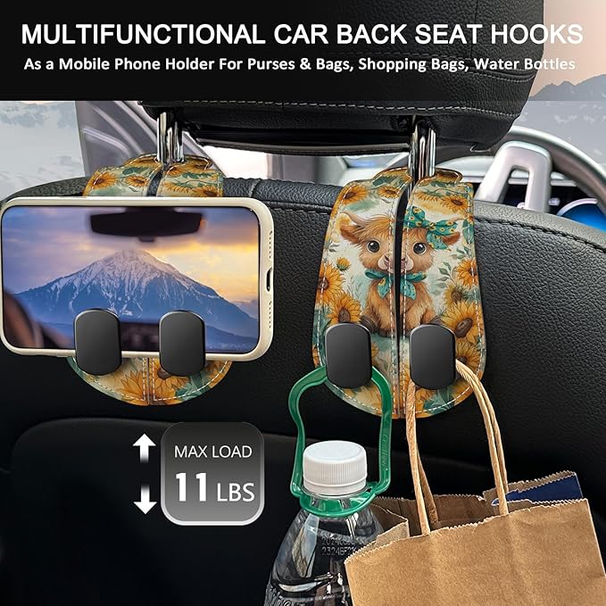 Blusabaca 2PCS Car Hooks for Purses Bags, Highland Cow Cattle Artwork Modern Seat Back Storage Headrest Holder Hanger PU Leather Double Metal Backseat Organizer, Women Car Accessories Organization