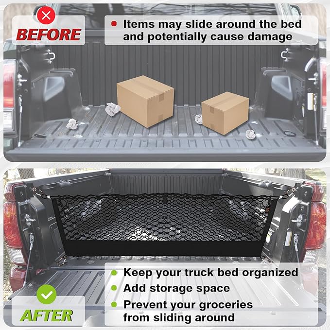 Muslogy Truck Bed Cargo Net Compatible with Toyota Tacoma 2005-2022 2023 Accessories Storage Organizer Pickup Truck Bed Envelope Style Cargo Net with Heavy Duty Carabiner
