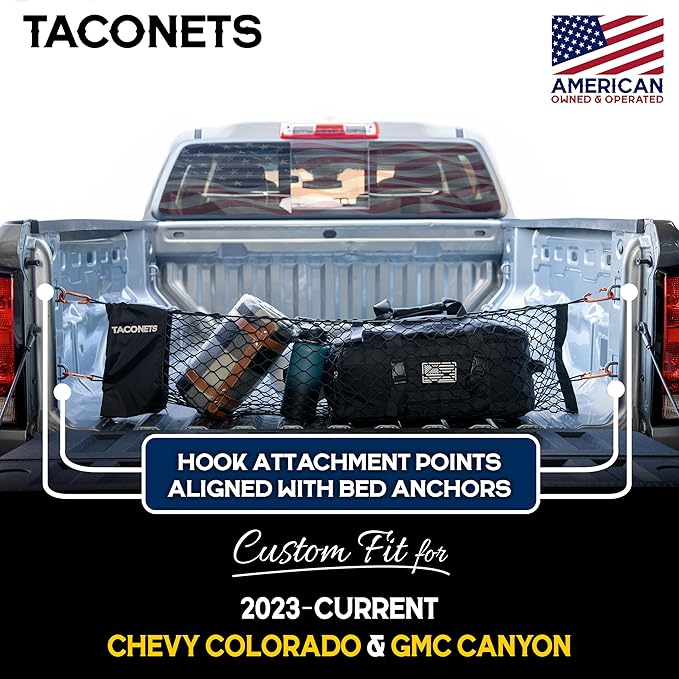 Envelope Cargo Net for Colorado/Canyon - Fits 2023-2025 - Upgraded 5mm Bungee - Integrated Storage Bag - Heavy Duty Carabiners - Designed in USA