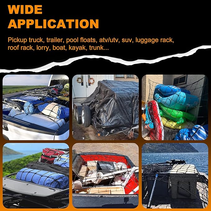 Seven Sparta 4’ x 4’ Large Cargo Net for Pickup Truck Bed Stretches to 7' x 7' for Truck Bed, Trailer, Trunk, SUV with 12 Bonus D Clip Carabiners Cargo Net for Large Loads (Black, 4'x4')