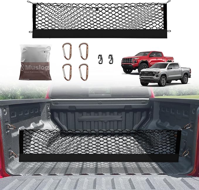 Muslogy Truck Bed Cargo Net Compatible with Chevrolet Colorado & GMC Canyon 2026 2025 2024 2023 Accessories Storage Organizer Pickup Truck Bed Envelope Style Cargo Net with Heavy Duty Carabiners