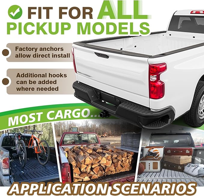 Muslogy Cargo Net Compatible with Pickup Truck Bed Organizer Divider Stretchable 4'x6' to 8'x12' High Elastic Trailer Accessories Storage Bungee Mesh with 14 Metal Carabiners (Upgraded 6mm Latex)