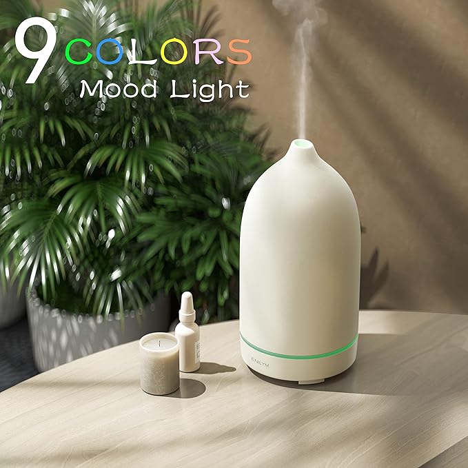 Essential Oil Diffusers,Handmade Ceramic Aromatherapy Diffuser for Room and 9 Colors Night Light for Home,Auto-Off (White)