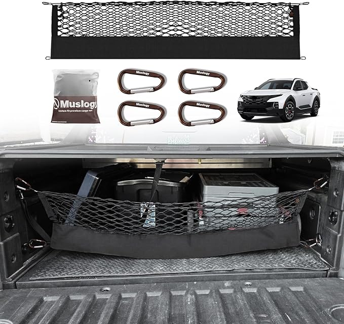 Muslogy Truck Bed Cargo Net Compatible with Hyundai Santa Cruz 2022-2025 Accessories Storage Organizer Pickup Truck Bed Envelope Style Cargo Net with Heavy Duty Carabiners