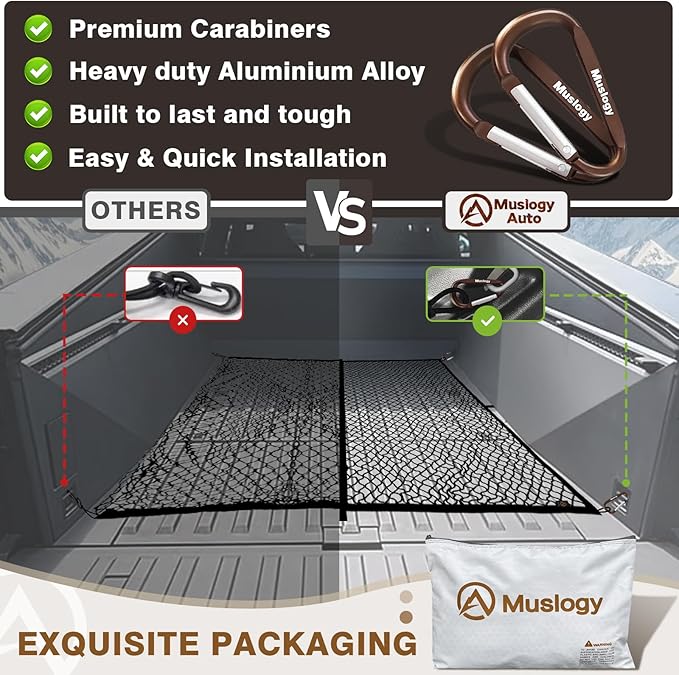 Muslogy Truck Bed Cargo Net Compatible with Pickup Truck Bed Organizer Stretchable 4'x4' to 7'x7' High Elastic Heavy Duty Upgraded Reinforced Storage Net with 10 Metal Carabiners (Single Layer)