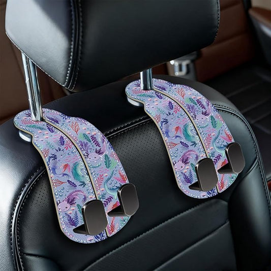 Blusabaca 2PCS Car Seat Back Storage Headrest Hooks, Cute Axolotl Purse Holder Bags Hanger, PU Leather Double Metal Hook for Backseat Organizer, Women Car Accessories Organization