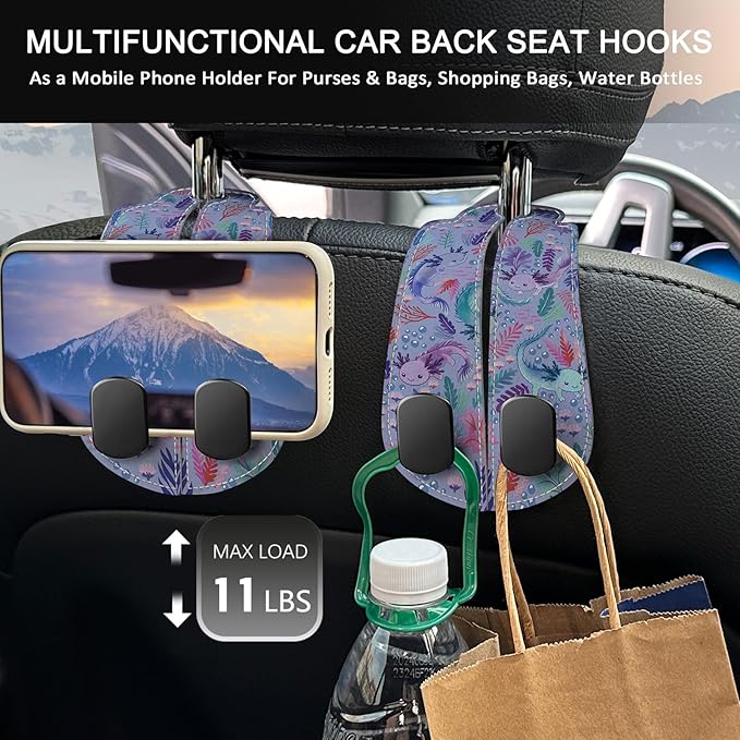 Blusabaca 2PCS Car Seat Back Storage Headrest Hooks, Cute Axolotl Purse Holder Bags Hanger, PU Leather Double Metal Hook for Backseat Organizer, Women Car Accessories Organization