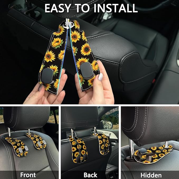 Blusabaca 2PCS Car Seat Back Storage Headrest Hooks, Sunflower Purse Holder Bags Hanger, PU Leather Double Metal Hook for Backseat Organizer, Women Car Accessories Organization