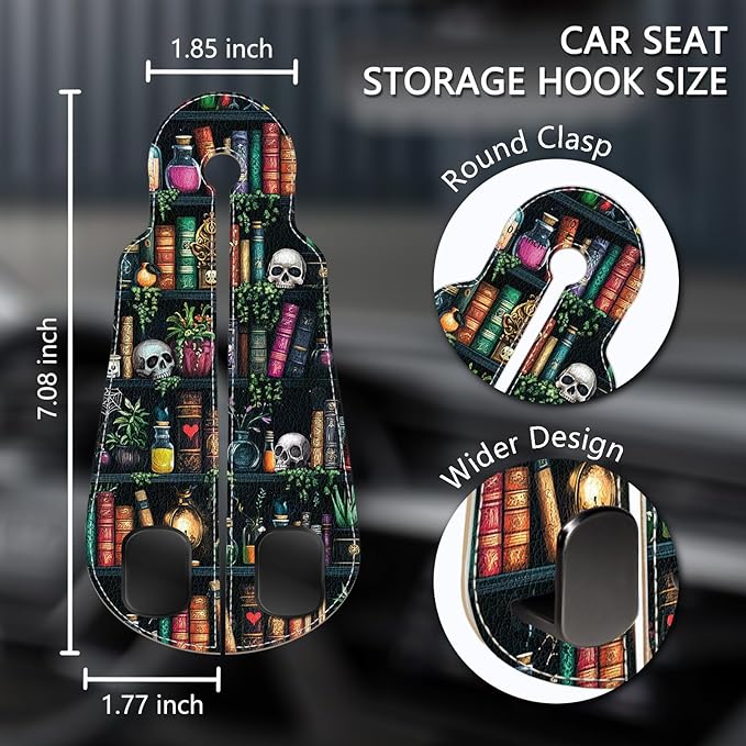 Blusabaca 2PCS Car Hooks Purses and Bags, Goth Gothic Bookshelf Skull Skeleton Seat Back Storage Headrest Holder Hanger PU Leather Double Metal Backseat Organizer, Women Car Accessories Organization
