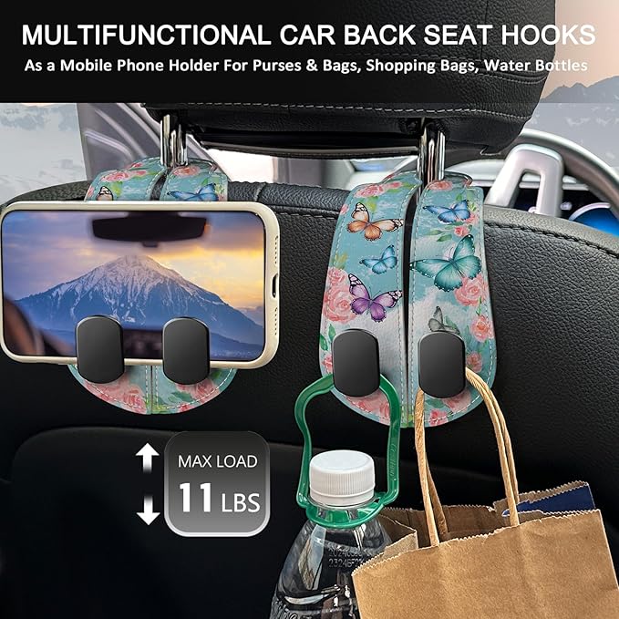 Blusabaca 2PCS Car Seat Back Storage Headrest Hooks, Butterfly Purse Holder Bags Hanger, PU Leather Double Metal Hook for Backseat Organizer, Women Car Accessories Organization