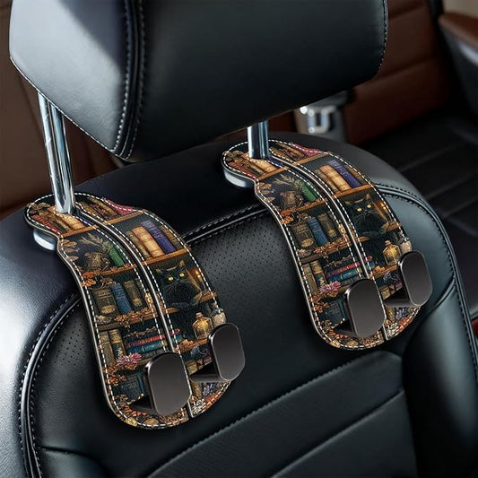 Blusabaca 2PCS Car Hooks for Purses and Bags, Goth Gothic Bookshelf Black Cat Seat Back Storage Headrest Holder Hanger PU Leather Double Metal Backseat Organizer, Women Car Accessories Organization