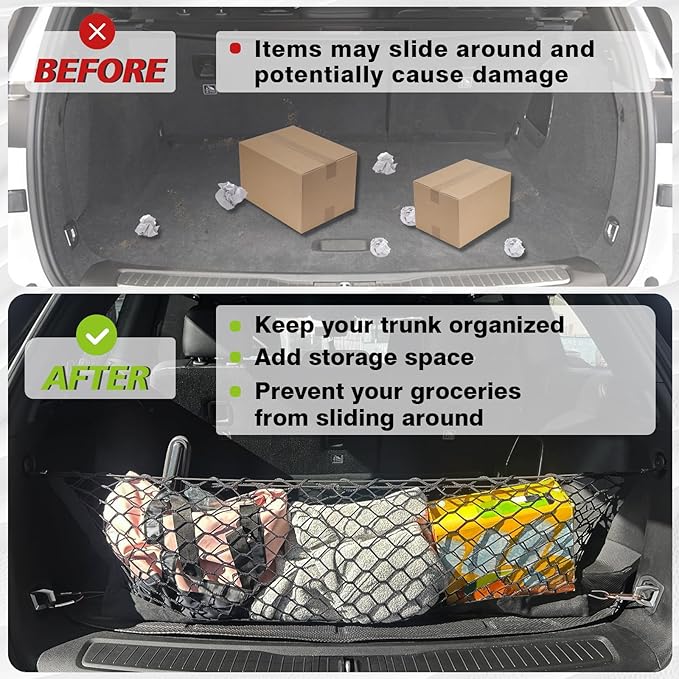 Muslogy Envelope Style Trunk Cargo Net Compatible with 2022-2024 2025 Jeep Grand Cherokee Accessories Custom Fit Trunk Organizer Upgraded Storage Luggage Net with Metal Hooks (2-Row Grand Cherokee)