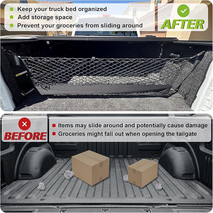 Muslogy Truck Bed Cargo Net Compatible with 2015+ Ford F150 & 2017+ F250/F350/F450 Accessories Storage Organizer Envelope Net with Mounting Snap-in Anchors Patent Pending (Not for Spray-in Liner Beds)