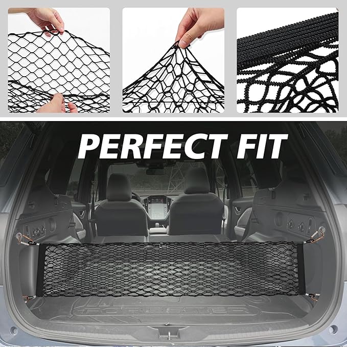 Muslogy Envelope Style Rear Trunk Mesh Cargo Net Compatible with 2025 Subaru Forester Base Premium Sport Limited Touring Accessories Stretchable Trunk Organizer Storage Luggage Net