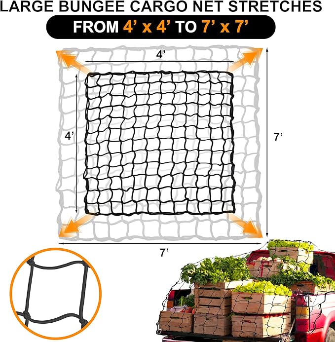 Seven Sparta 4’ x 4’ Large Cargo Net for Pickup Truck Bed Stretches to 7' x 7' for Truck Bed, Trailer, Trunk, SUV with 12 Bonus D Clip Carabiners Cargo Net for Large Loads (Black, 4'x4')