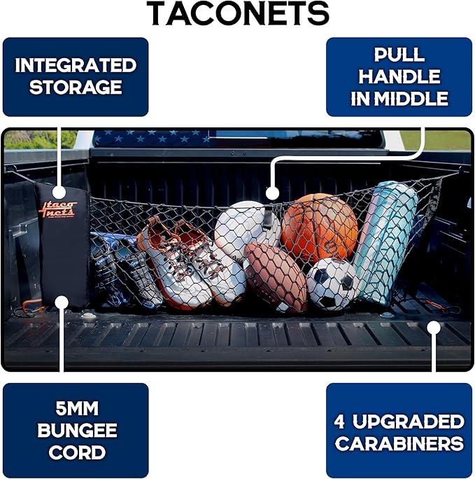 Envelope Cargo Net for Toyota Tacoma - Fits 2005-2025 - Patented Bed Rail Integration - Upgraded 5mm Bungee - Integrated Storage Bag - Heavy Duty Carabiners - Designed in USA