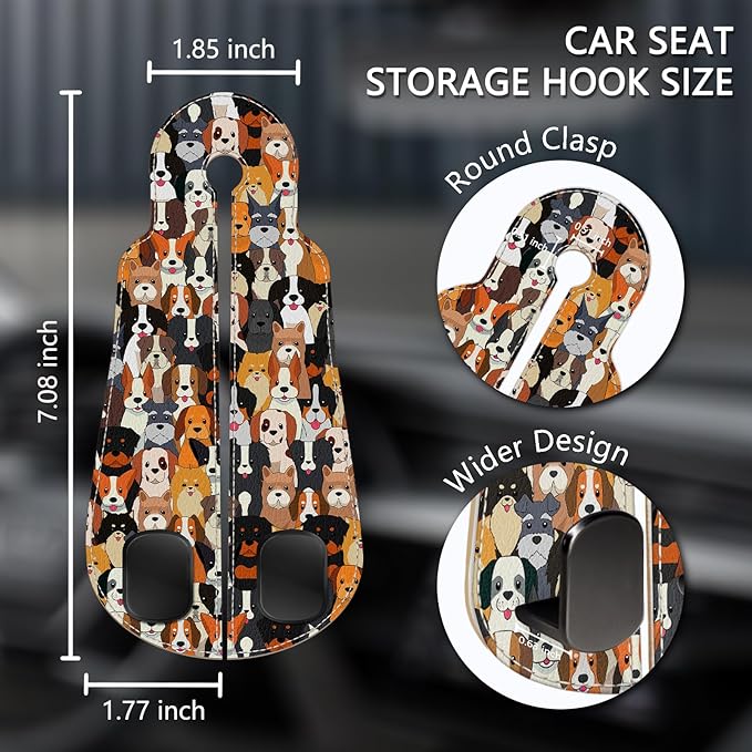 Blusabaca 2PCS Car Seat Back Storage Headrest Hooks, Cute Dogs Puppy Purse Holder Bags Hanger, PU Leather Double Metal Hook for Backseat Organizer, Women Car Accessories Organization